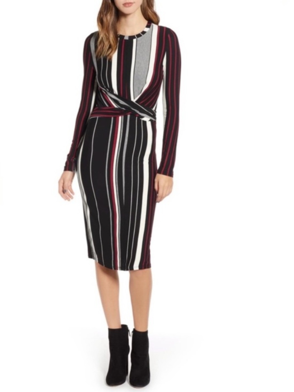 #10 NWT Socialite Striped Long-Sleeve Twist Front Midi Dress Size XL